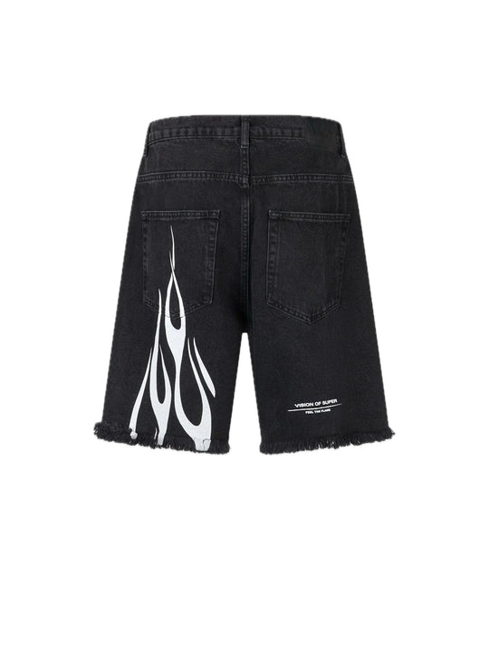 Black Denim Shorts With Printed Flames And Logo
