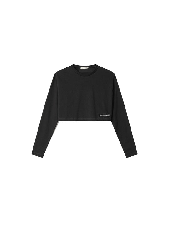 Crop Top In Jersey Manica Lunga Con Stampa - Nero