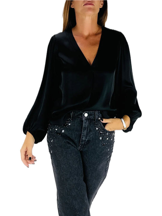 Blusa V Piega Manica - Nero