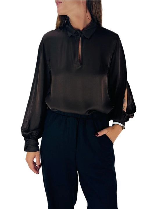 Blusa Bottone Collo - Nero