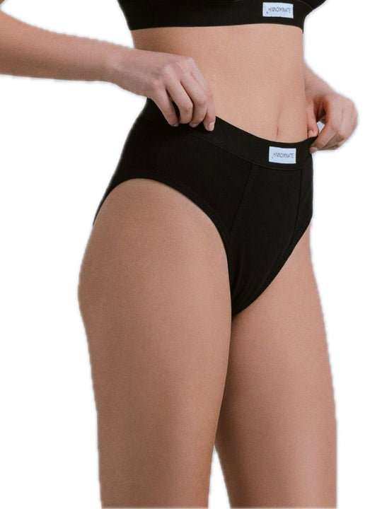 Slip Sgambato A Vita Alta In Costina Con Elastico E Etichetta - Nero