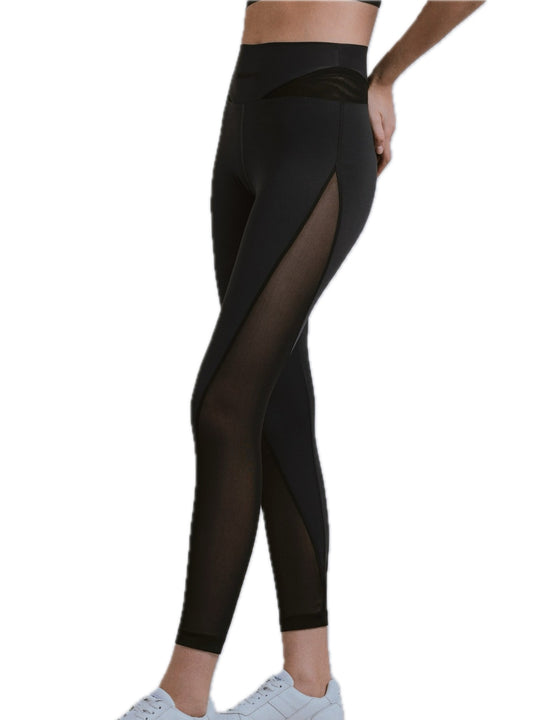 Leggings Fitness Con Inserti In Tulle Con Stampa Siliconata - Nero