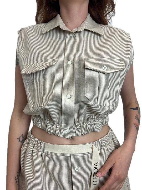 Camicia Senza Maniche Righe - Burro/Marrone