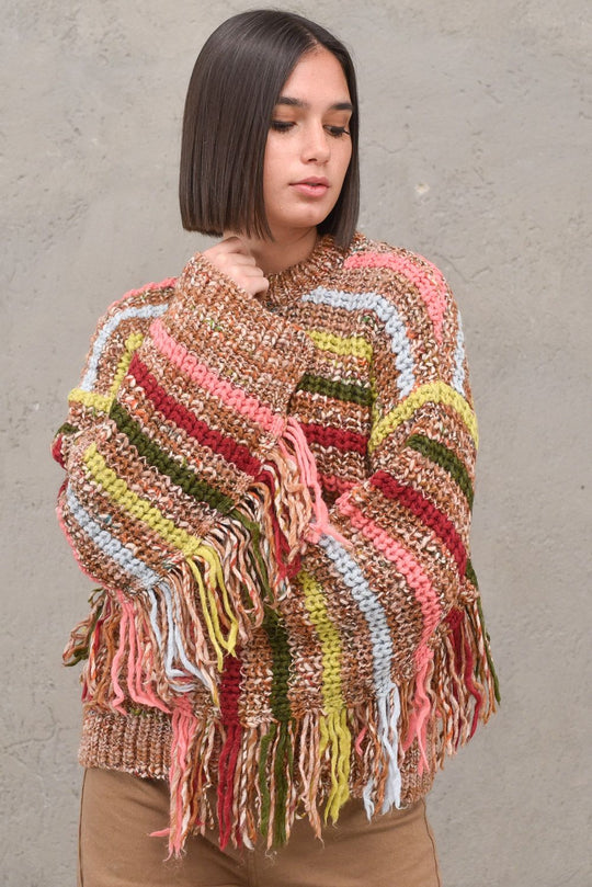 Maglia Righe Frange - Variante cuoio