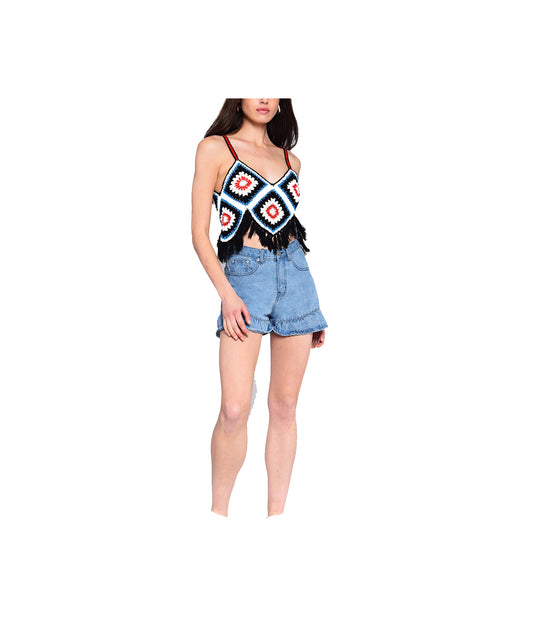 Ladies Top - Black Multi Crochet