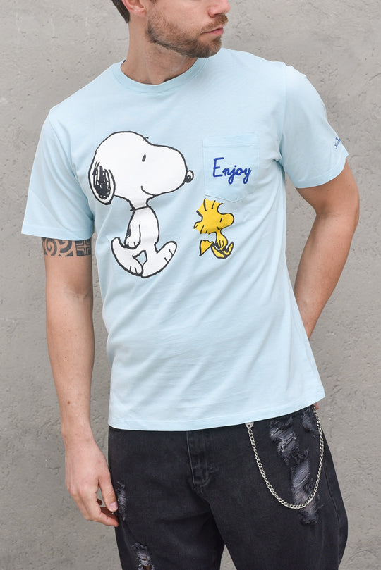 Cotton T-shirt Whit Front Pocket And Print - Snoopy Enjoy