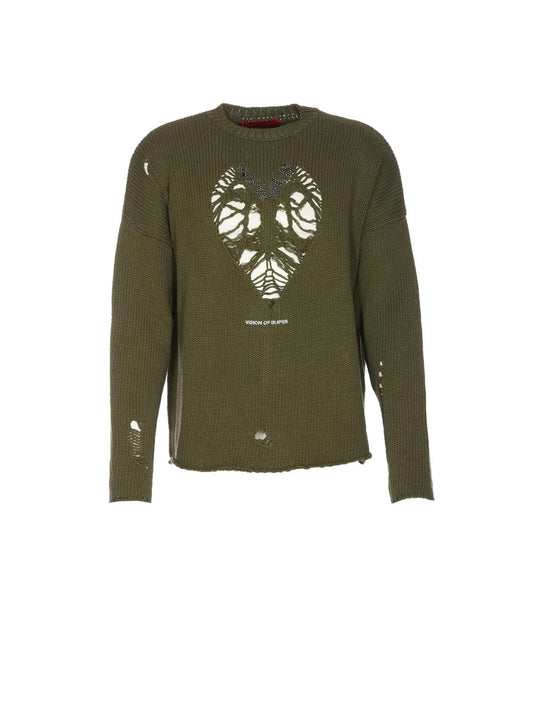 Green Jumper With Herat Hole And Metal Label