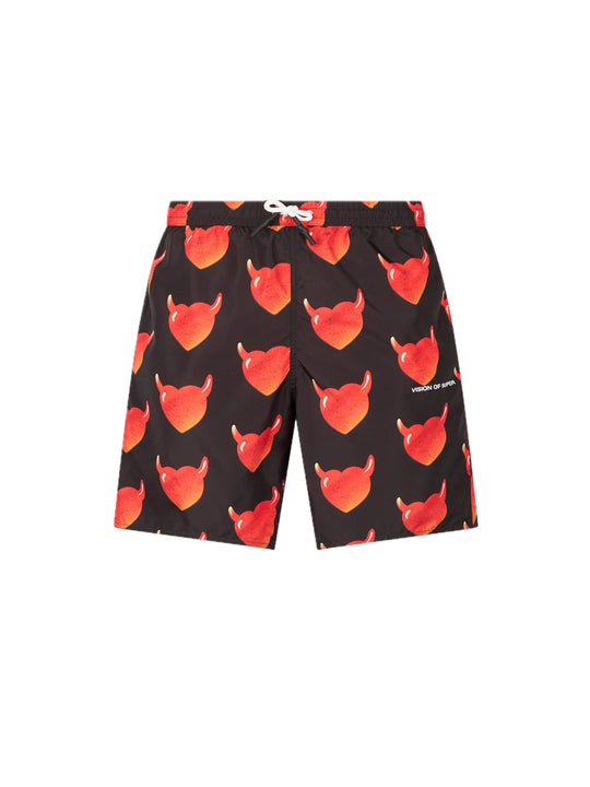 Swimwear With All Over "Vos Hearts" And White Logo - Black