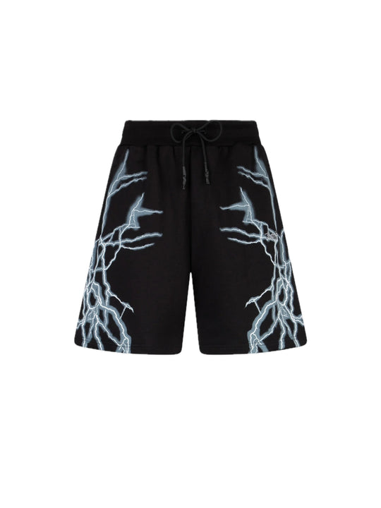 Shorts With Lateral White Lightining Print And Embroidery Gotic Logo - Black