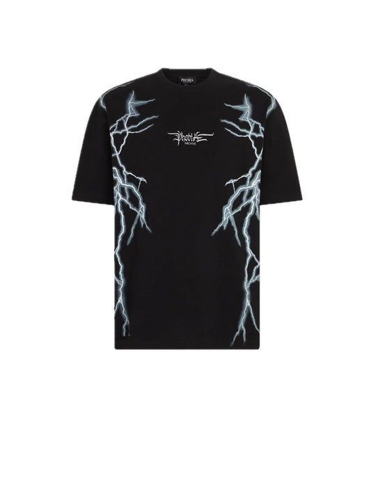 T-shirt With Lateral White Lightining Print And Embroidery Gotic Logo - Black