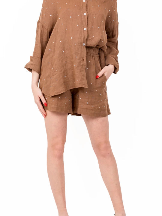 Bermuda Lino Con Brillantini - Marrone