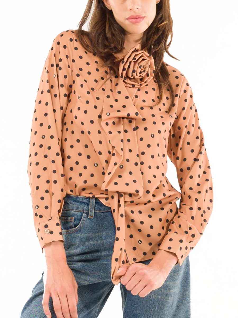 Polka Dot Shirt With Rose - Camel