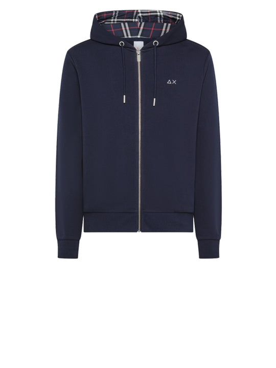 Hood Zip Contrast Fabric On Chest Detail Cott. Fl - Navy Blue