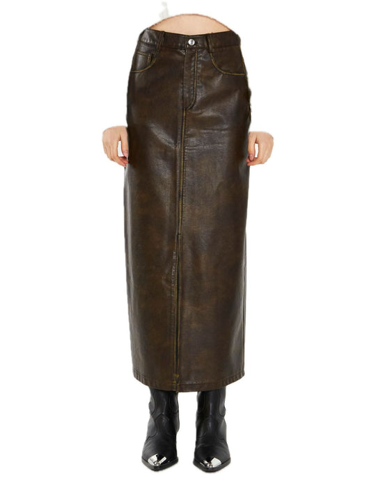 Ladies Skirt - Olive Brown Distressed Pu
