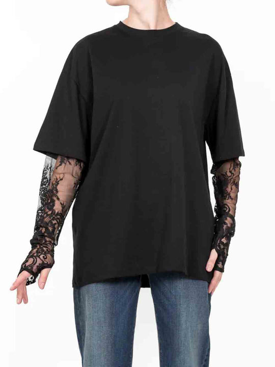 T-shirt Manica Pizzo - Nero