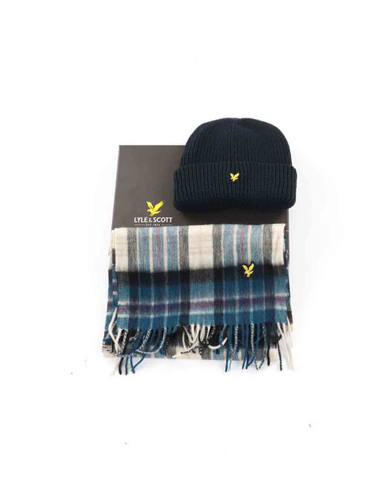Lambswool Blend Checked Scarf And Beanie Gift Set - Dark Navy