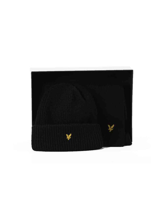 Lambswool Ribbed Beanie & Scarf Set - Jet Black