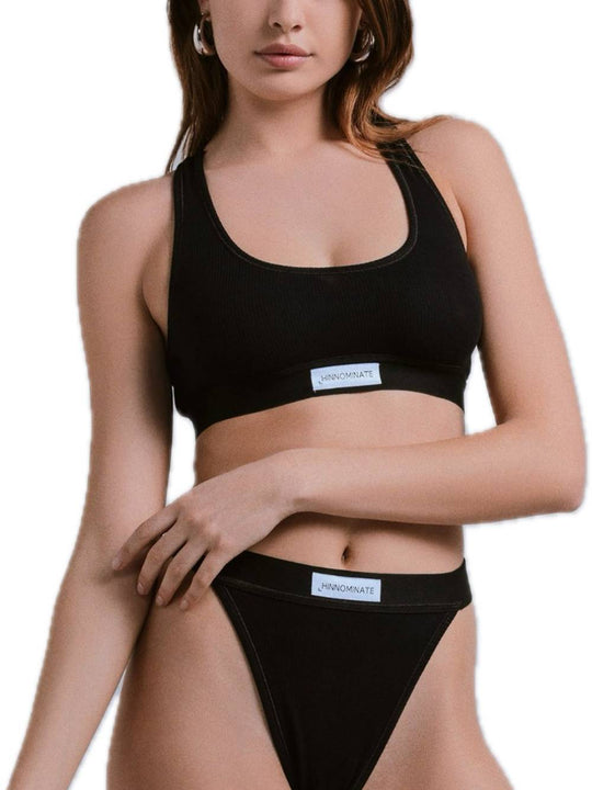 Top In Costina Con Elastico E Etichetta - Nero