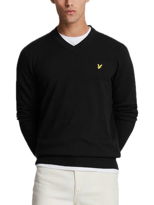 Cotton Merino V Neck Jumper - Jet Black