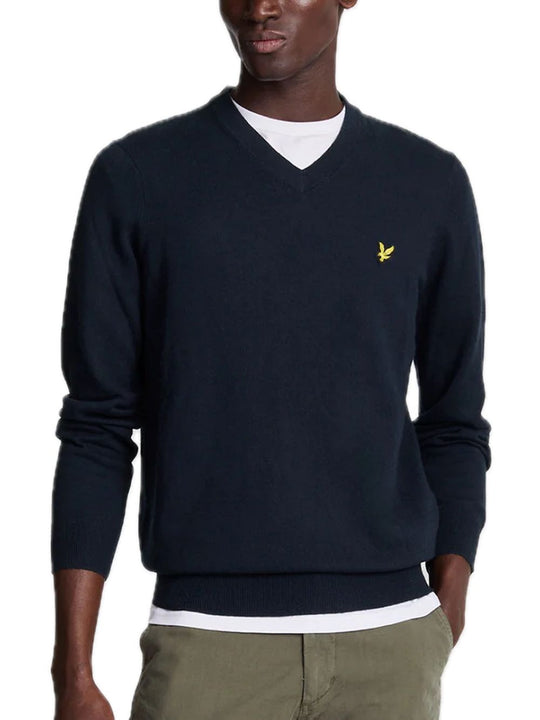 Cotton Merino V Neck Jumper - Dark Navy