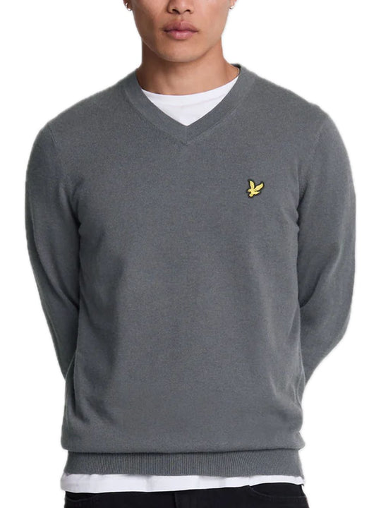 Cotton Merino V Neck Jumper - Gunmetal