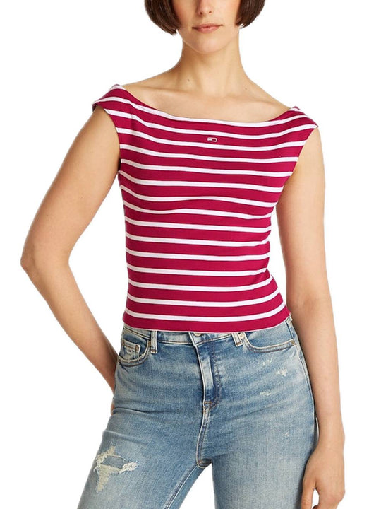 TJW Boat Neck Top SS EXT - Brillant Berry/Stripe