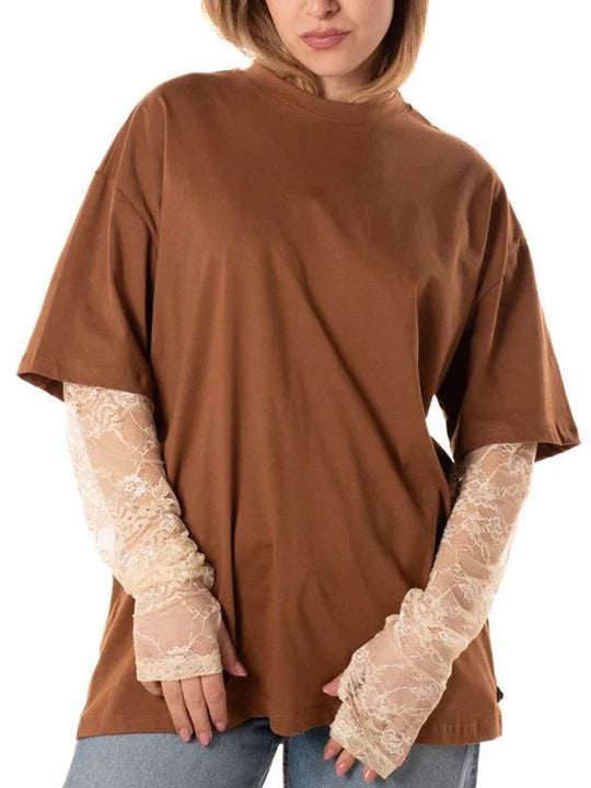 T-shirt Manica Pizzo - Marrone