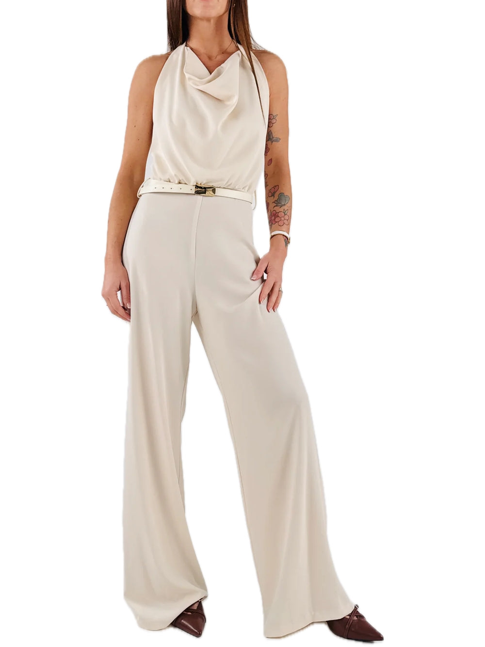 Tuta 2 Pezzi Da Donna Avorio &ndash; Gamba Larga, Manica Lunga, Spalla Asimmetrica, Elegante, BC784