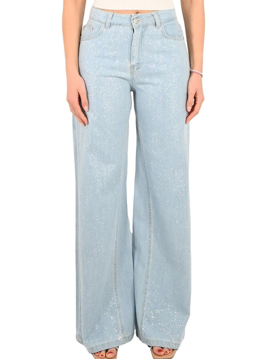 Pantalone Wide Leg Full Strass - Denim