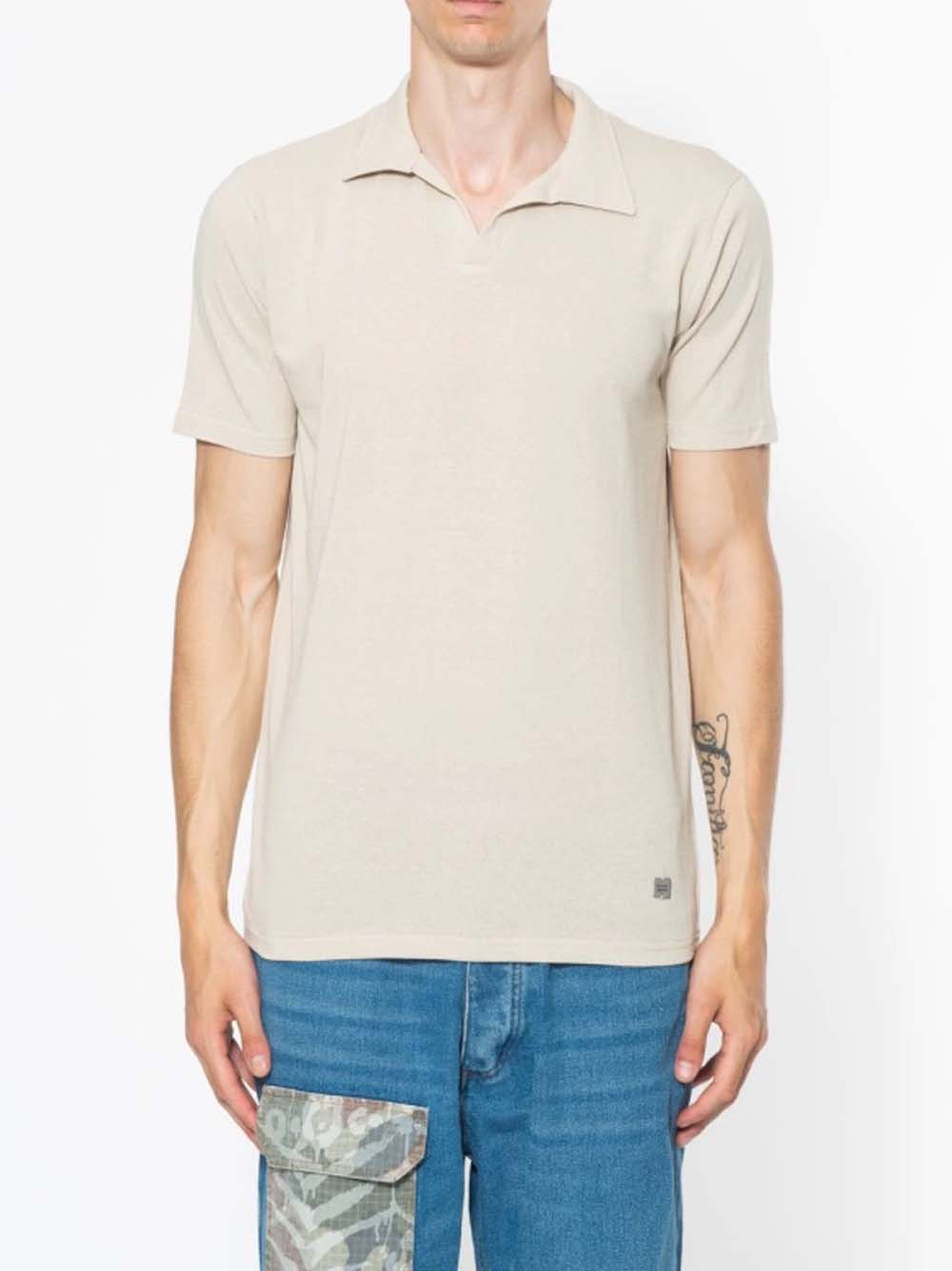 Linen Polo Shirt No Buttons - Beige — 1