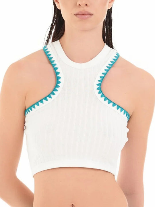 Crop Top Cotazur a costine con dettaglio in crochet sul giromanica - Bianco