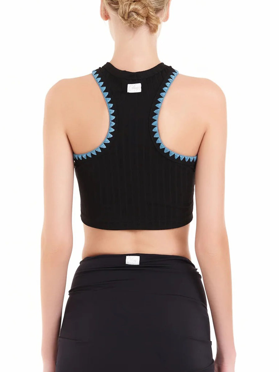 Crop Top Cotazur a costine con dettaglio in crochet sul giromanica - Nero — 2