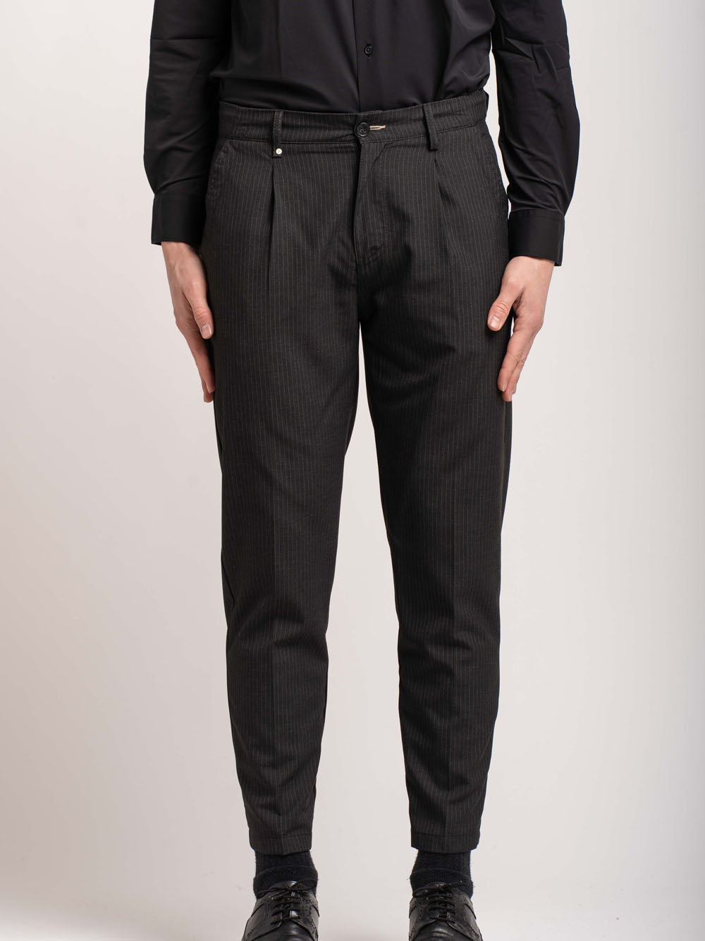 Pinstripe Drawstring Trousers - Black — 1