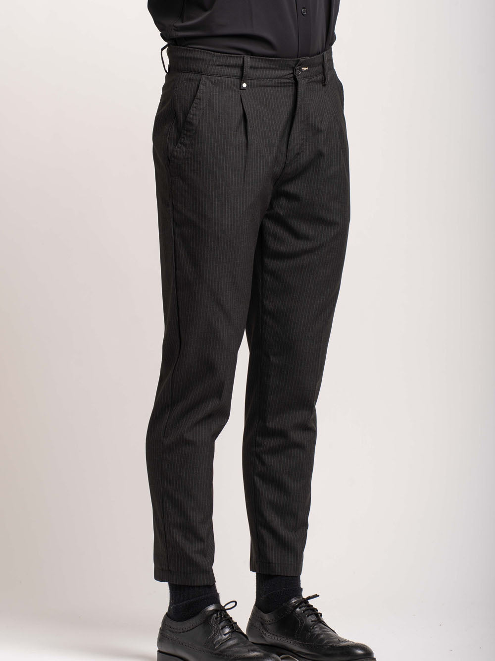 Pinstripe Drawstring Trousers - Black — 2
