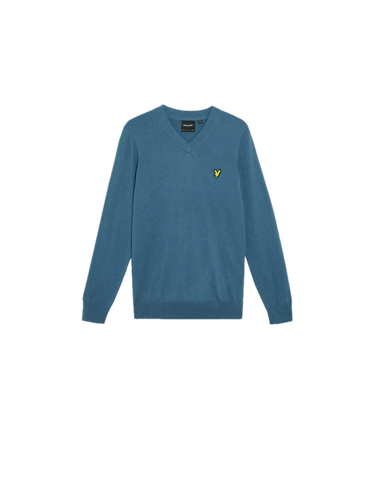 Cotton Merino V Neck Jumper - Deep Water