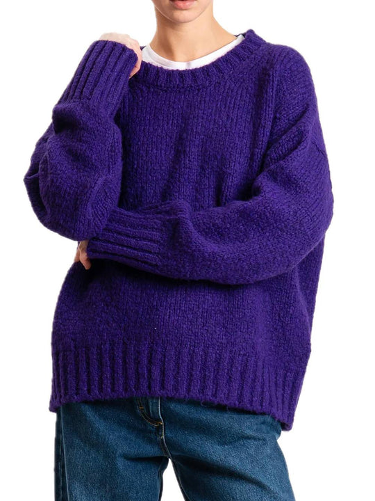 Maglia girocollo bordi a coste misto lana - Viola