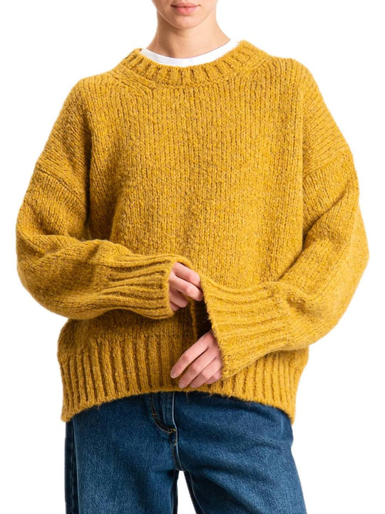 Maglia girocollo bordi a coste misto lana - Ocra