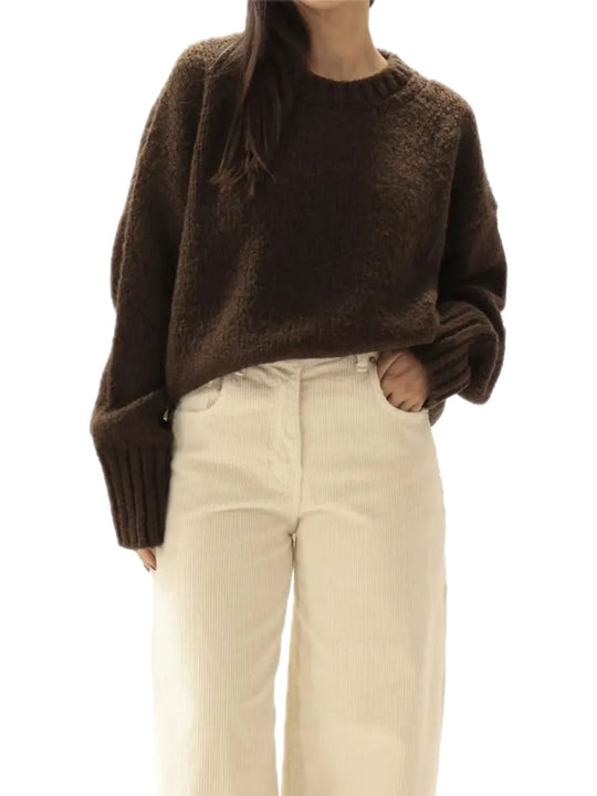 Maglia girocollo bordi a coste misto lana - Moro