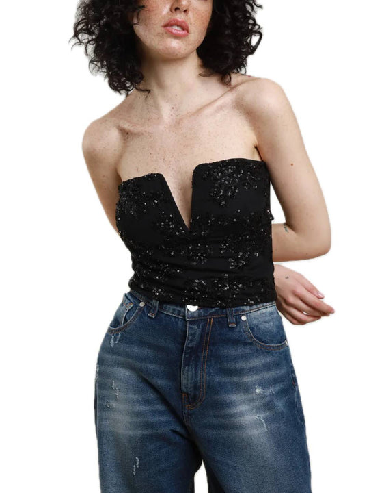 Top Stecca C/Paillettes - Nero
