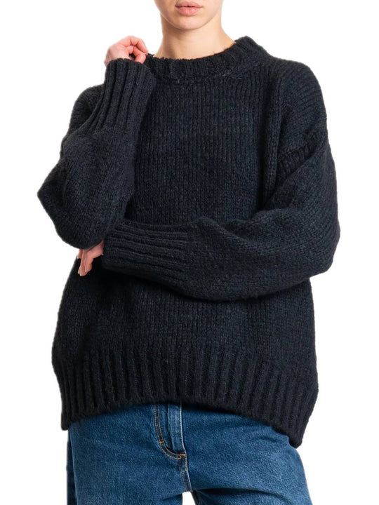 Maglia girocollo bordi a coste misto lana - Nero