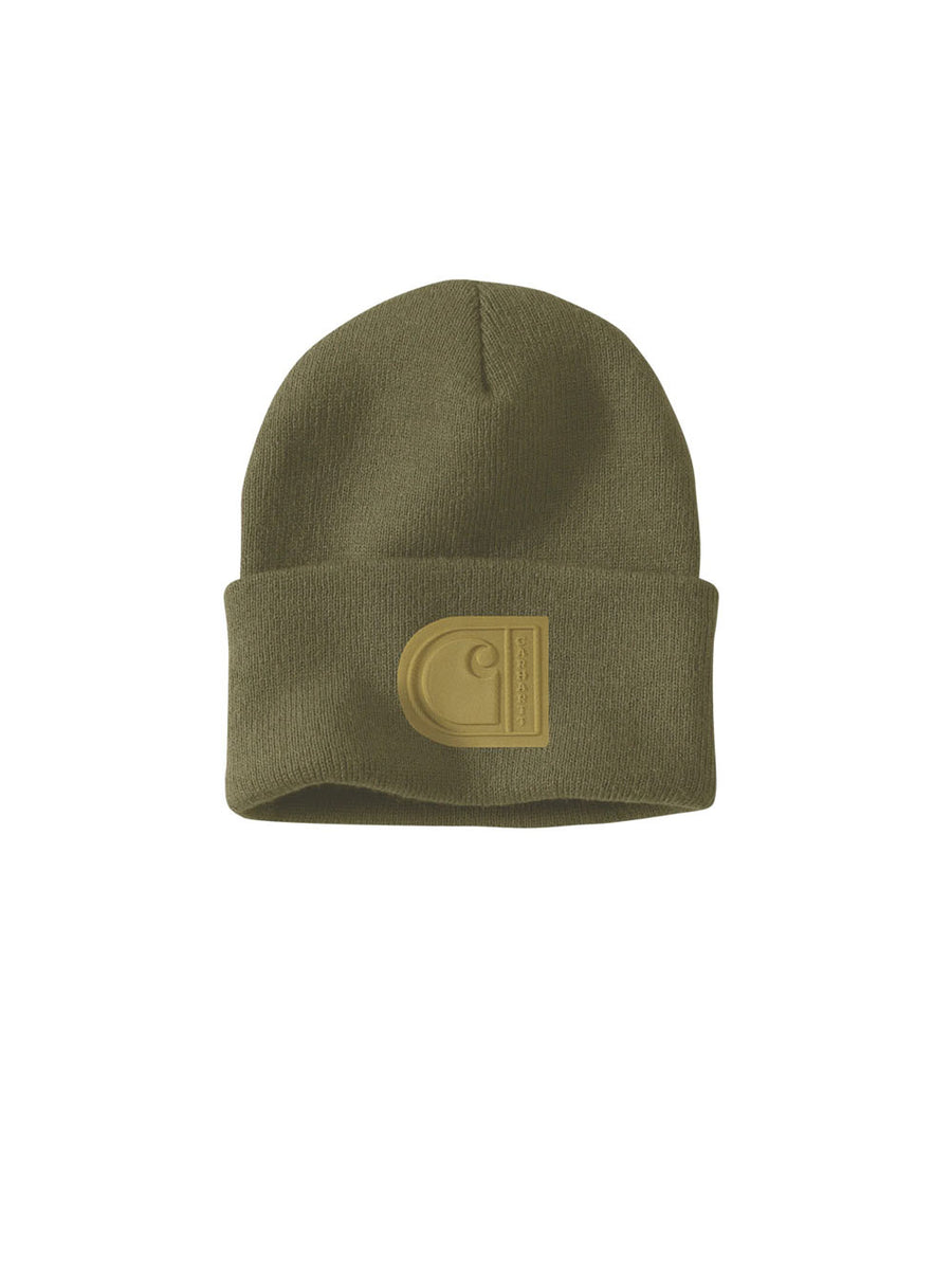 Berretto con risvolto e patch C in maglia - Verde