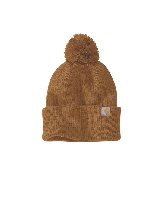 Knit Pom Pom Cuffed Beanie - Brown