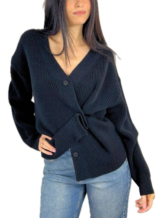Cardigan Punto Pannocchia Con Bottoni Laterali - Nero