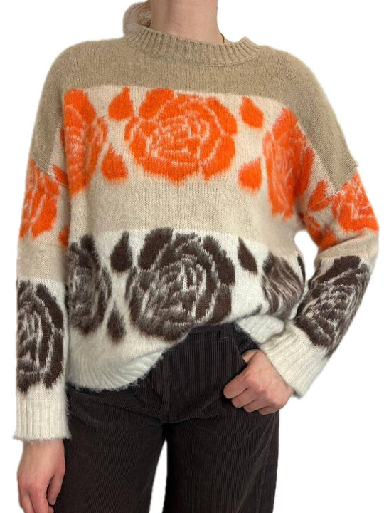 Girocollo Jaquard Rose Rigato Garzato - Panna Moro Beige Arancio Mastice