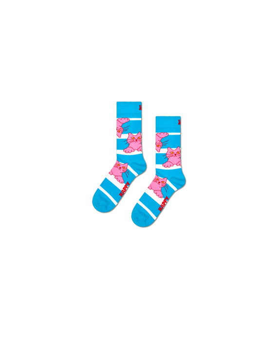 Cat On Stripe Sock - Light Blue