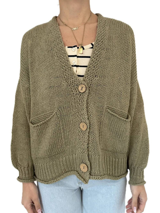 Cardigan Bottoni Tasche - Kaki