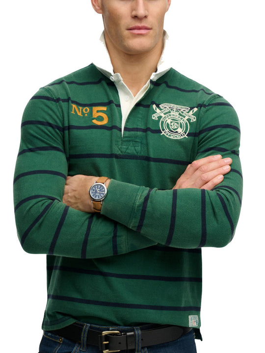 Double Emblem Stripe Rugby - Hunter Green Stripe