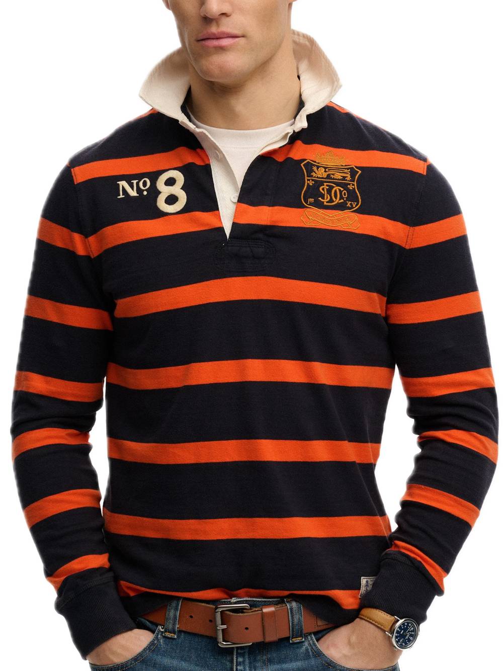 Double Emblem Stripe Rugby - Navy Orange Stripe — 1