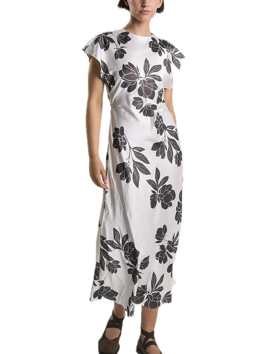Ladies Dress - White Brown Floral