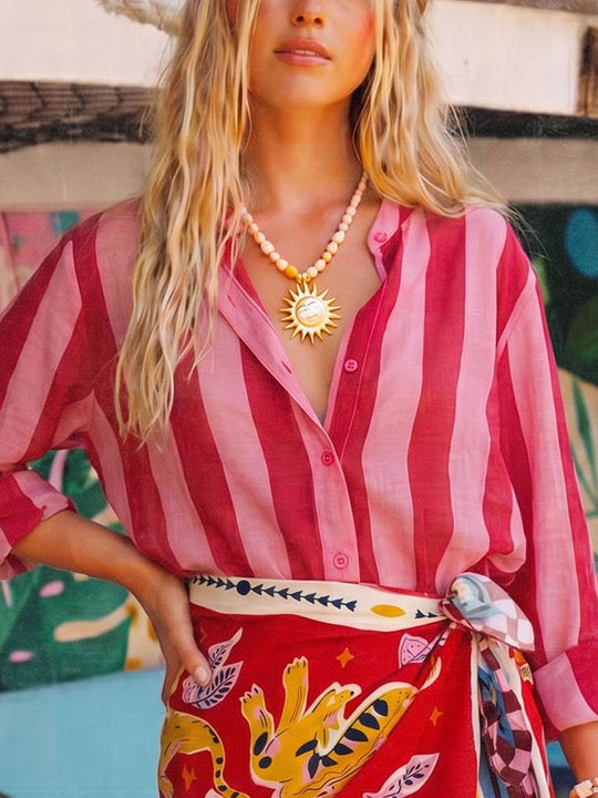 Camicia Eco - Fantasia Riga Rossa Fuxia